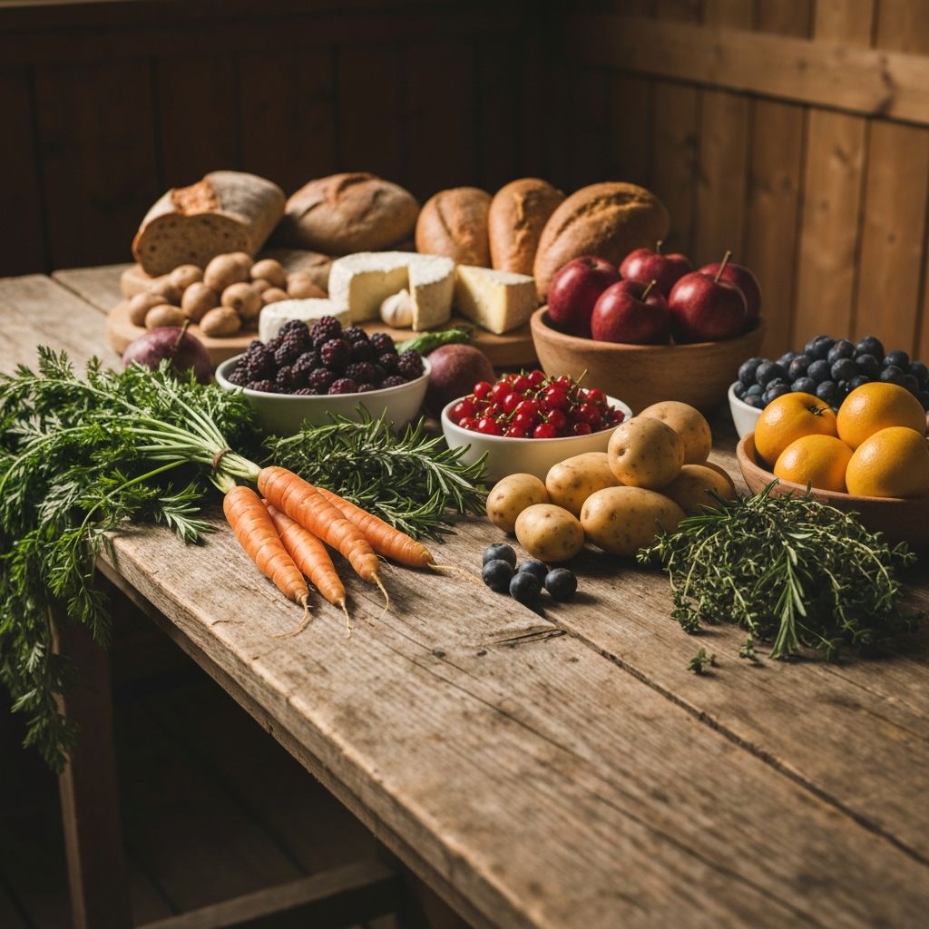 Traditioneller Holztisch mit lokalen Produkten